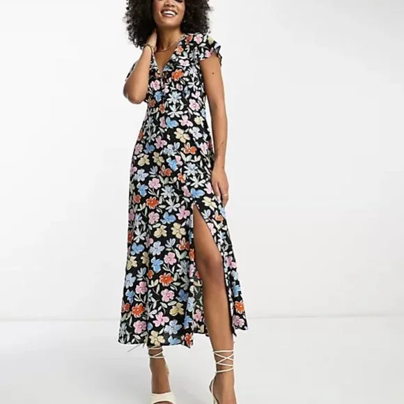 asos midi tea dress ASOS DESIGN waisted long sleeve midi tea dress with buttons in black